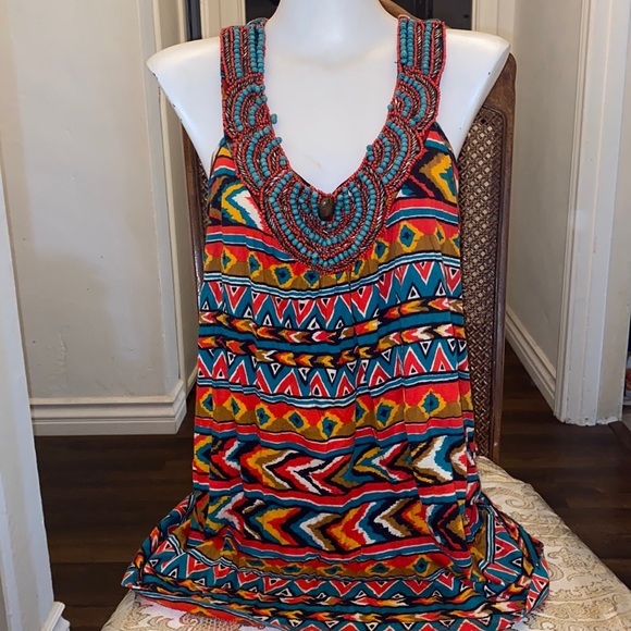 FOREVER 21 BOHO tank top SOUTHWESTERN AZTEC PRINT Jeweled neckline SIZE M SUMMER - Picture 2 of 11